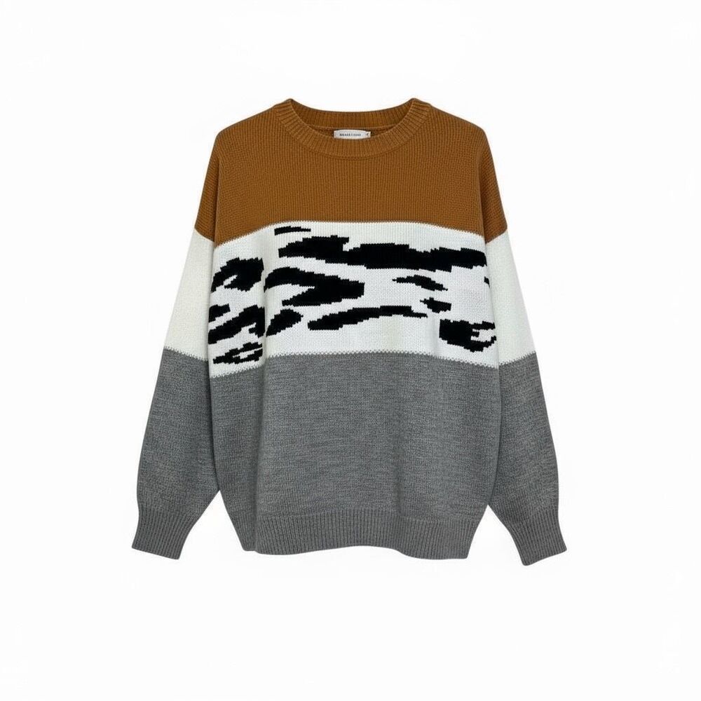 Crew Neck‎ Animal Print Colorblock Long Sleeve Pullover Sweater Multicolor Large
